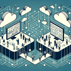 Illustration of separate digital islands of trade, each with its own documents, being connected
